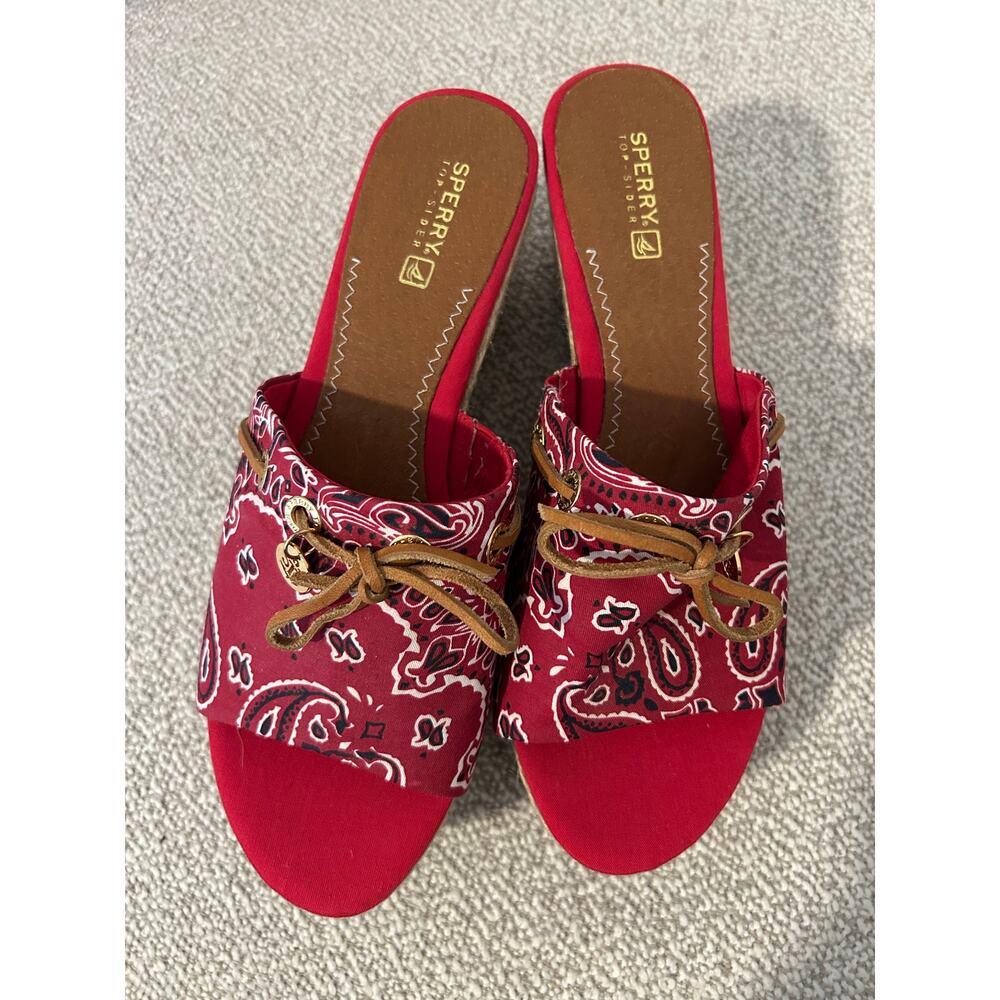 Sperry Boat Shoe Red Bandanna Paisley Print Leather Tie Espadrilles 90s Y2K 9 - Picture 5 of 6